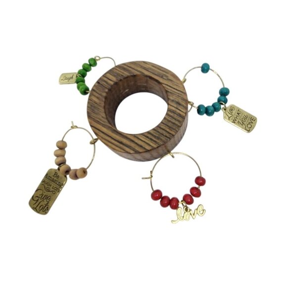 Rustic Wooden Wine Glass Charms Set Of 4 With Beaded Rings & Inspirational Tags - Picture 1 of 14